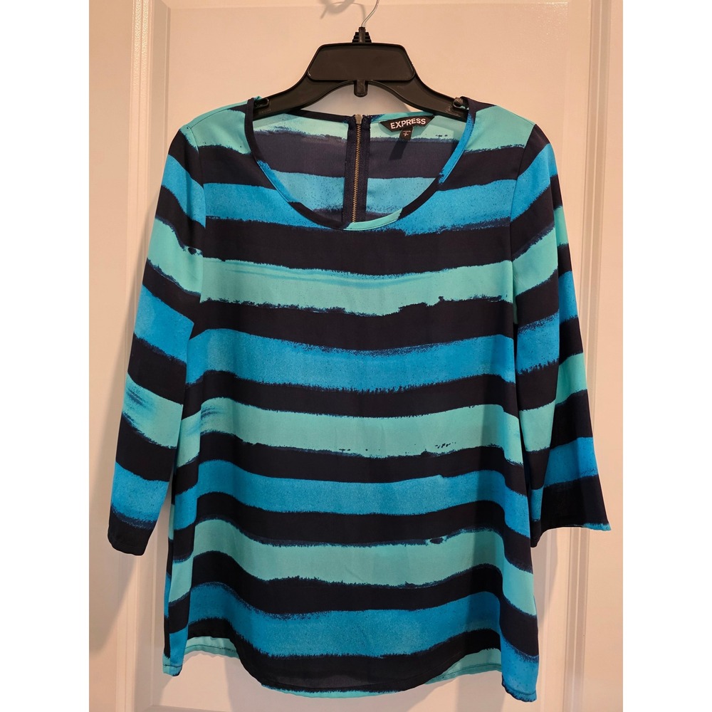 Women's sz S Express Blue Turquoise Striped 3/4 Sleeve Scoop Neck Zipper Blouse